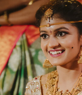 Bride with flawless engagement makeup by top makeup artist in Vijayawada